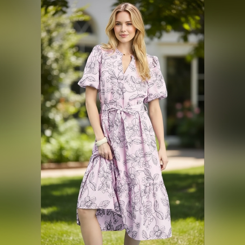 Chic Floral Midi Dress in Pink Modest